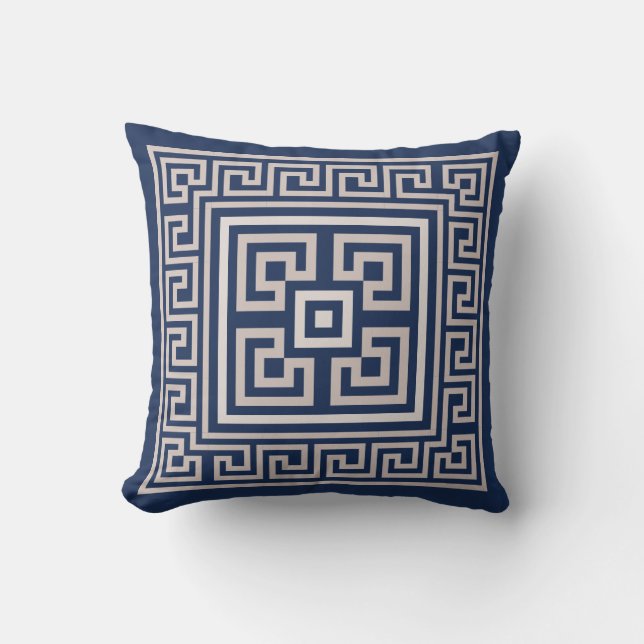 Greek Meander - Greek Key - Blue and cream Throw Pillow (Front)