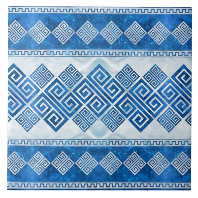 Greek Meander - Greek Key Blue gemstone and pearl Ceramic Tile (Front)