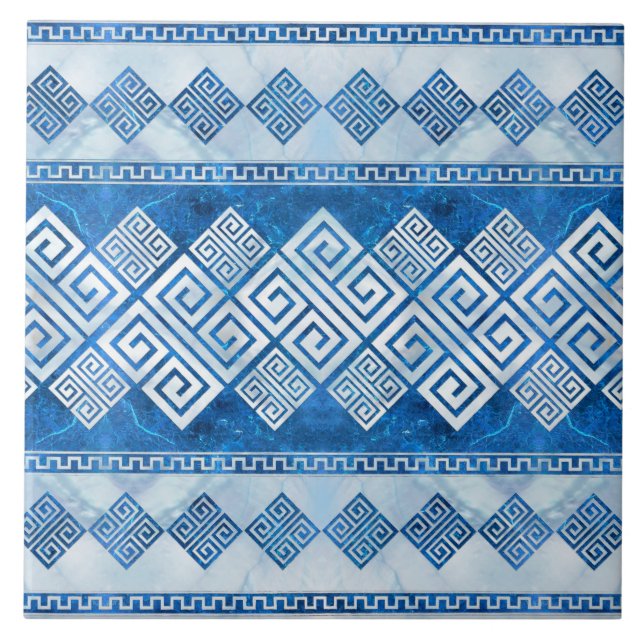 Greek Meander - Greek Key Blue gemstone and pearl Ceramic Tile (Front)