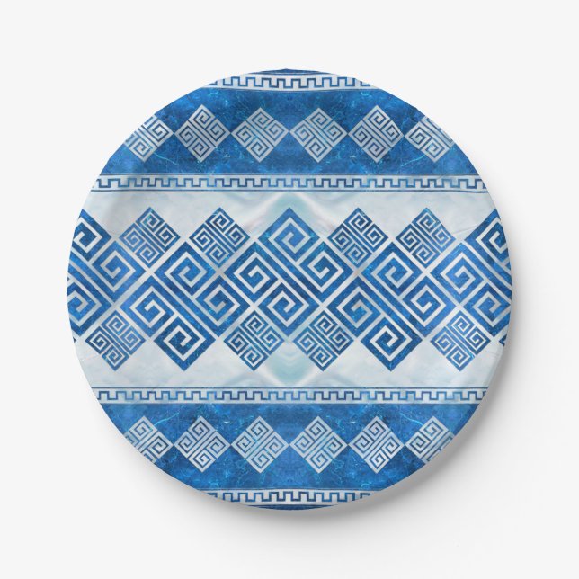 Greek Meander - Greek Key Blue gemstone and pearl Paper Plates (Front)