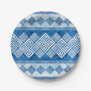 Greek Meander - Greek Key Blue gemstone and pearl Paper Plates