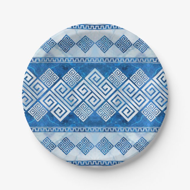 Greek Meander - Greek Key Blue gemstone and pearl Paper Plates (Front)