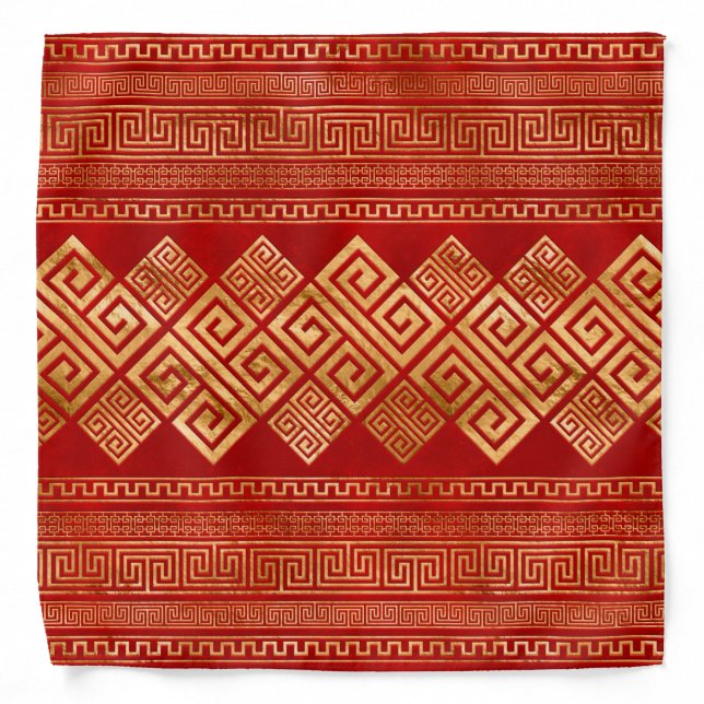 Greek Meander - Greek Key - Gold on Red #1 Bandana (Front)