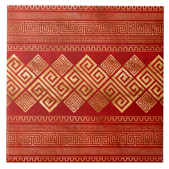 Greek Meander - Greek Key - Gold on Red #1 Ceramic Tile (Front)
