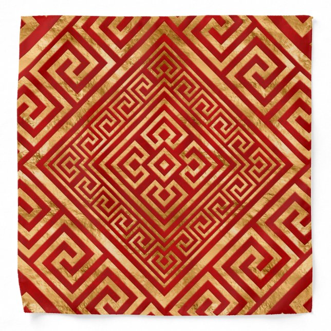 Greek Meander - Greek Key - Gold on Red #6 Bandana (Front)