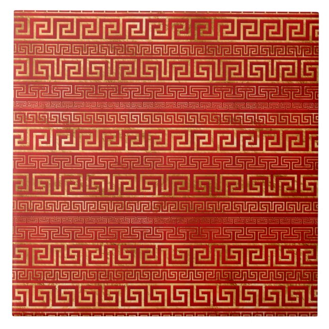 Greek Meander - Greek Key - Gold on Red Ceramic Tile (Front)