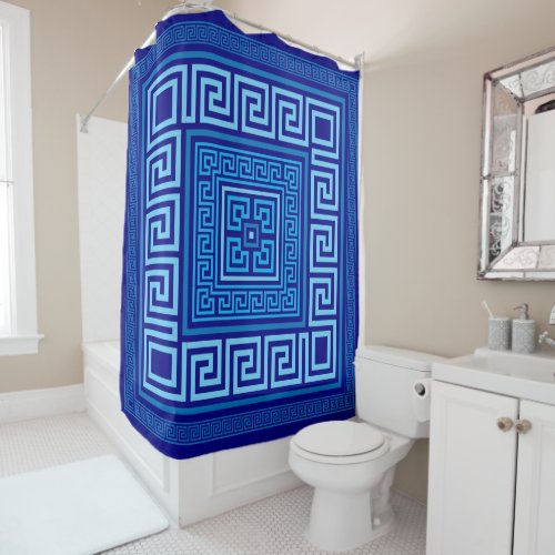 Greek Meander _ Greek Key _ Shades of blue Shower Curtain