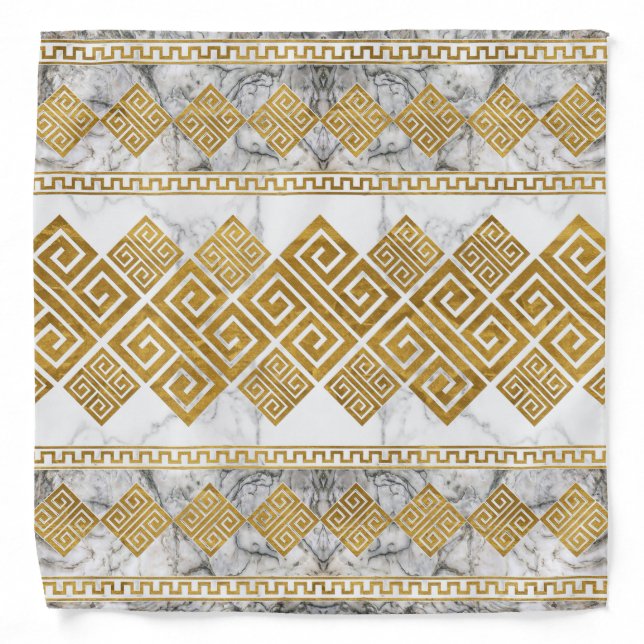 Greek Meander - Greek Key White Marble and Gold Bandana (Front)