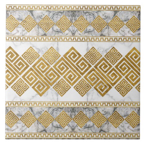 Greek Meander _ Greek Key White Marble and Gold Ceramic Tile