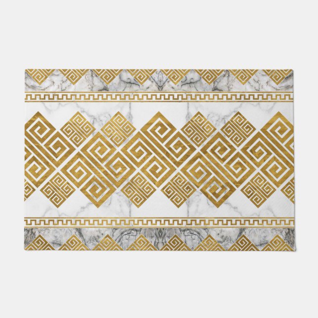 Greek Meander - Greek Key White Marble and Gold Doormat (Front)