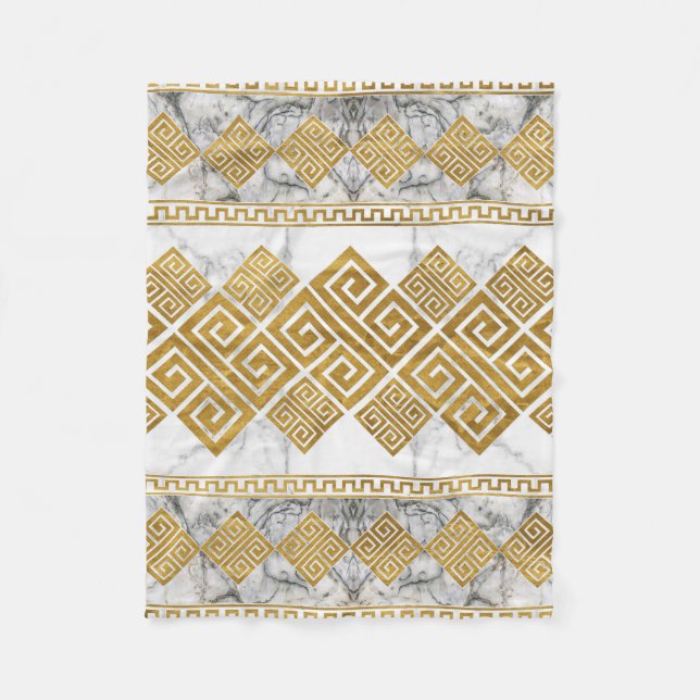 Greek Meander - Greek Key White Marble and Gold Fleece Blanket (Front)