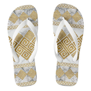 Greek Meander, Greek Key White Marble and Gold Flip Flops