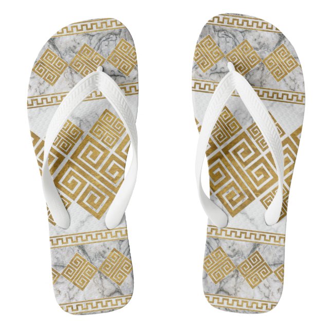 Greek Meander, Greek Key White Marble and Gold Flip Flops (Footbed)