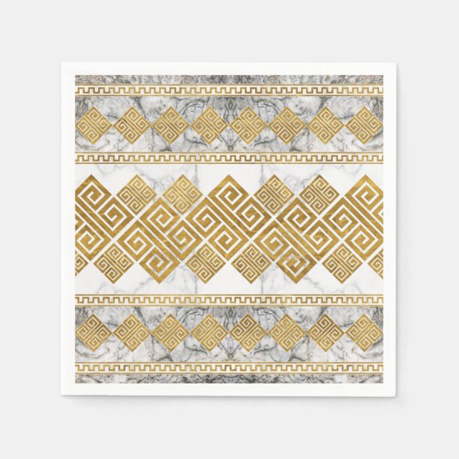 Greek Meander - Greek Key White Marble and Gold Napkins (Front)