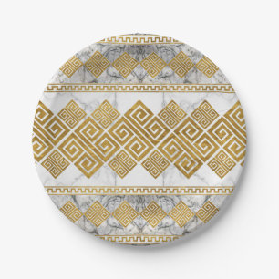 Greek Meander - Greek Key White Marble and Gold Paper Plates
