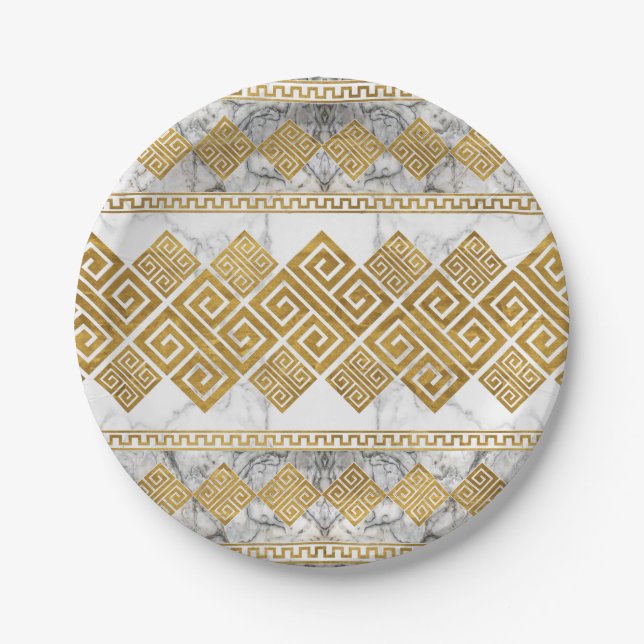 Greek Meander - Greek Key White Marble and Gold Paper Plates (Front)