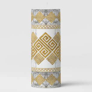 Greek Meander - Greek Key White Marble and Gold Pillar Candle