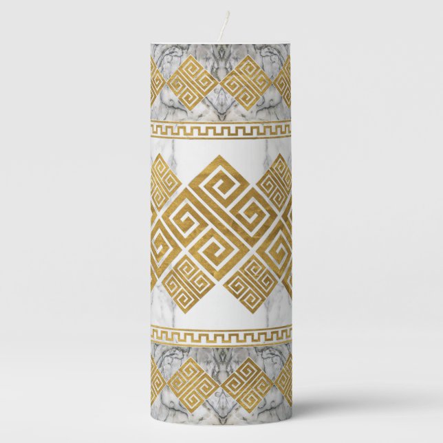 Greek Meander - Greek Key White Marble and Gold Pillar Candle (Front)