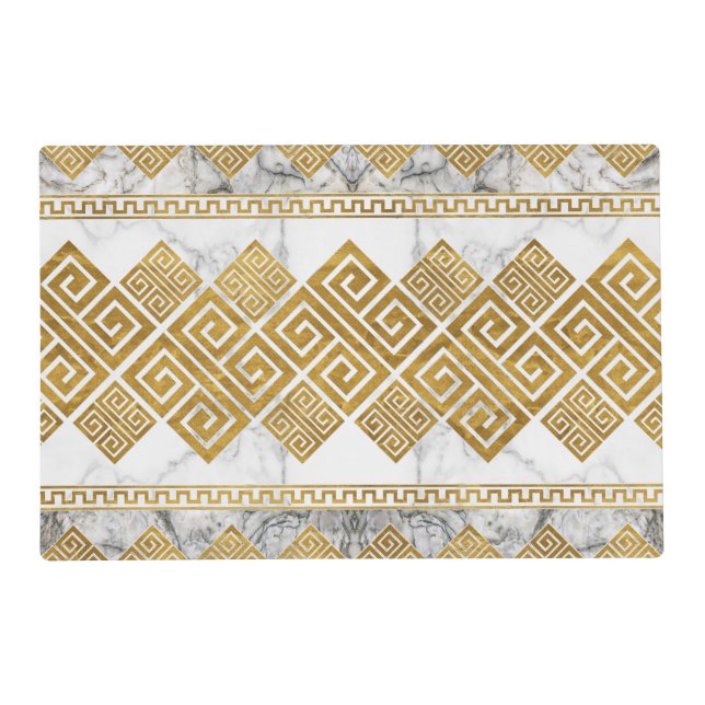 Greek Meander - Greek Key White Marble and Gold Placemat (Front)