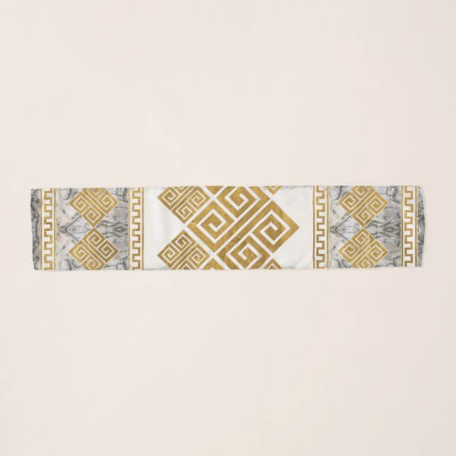Greek Meander, Greek Key White Marble and Gold Scarf (Front (Horizontal))