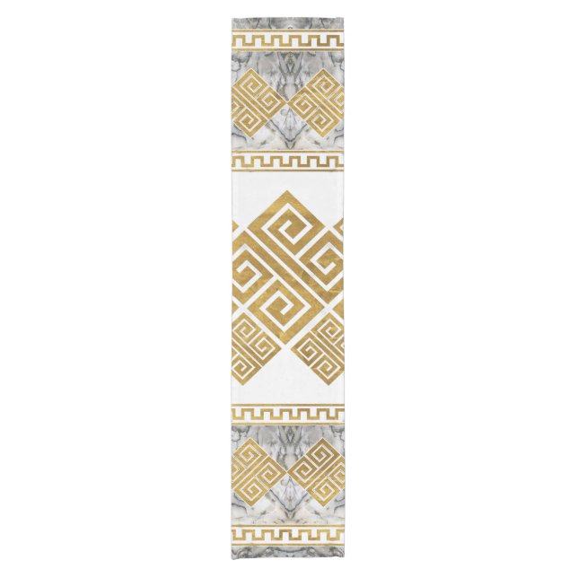 Greek Meander - Greek Key White Marble and Gold Short Table Runner (Front)