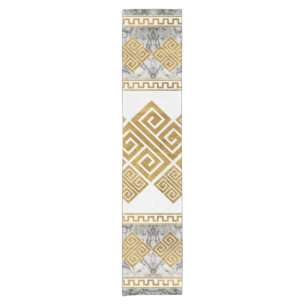 Greek Meander - Greek Key White Marble and Gold Short Table Runner