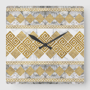 Greek Meander - Greek Key White Marble and Gold Square Wall Clock