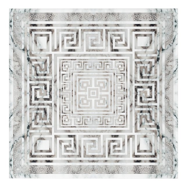 Greek Meander - Greek Key White Marble textures Acrylic Print (Front)