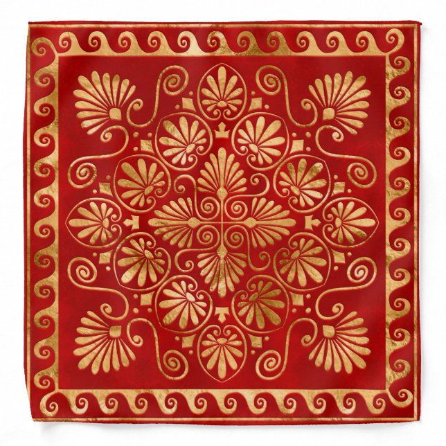 Greek Meander - Greek Ornament - Gold on Red Bandana (Front)