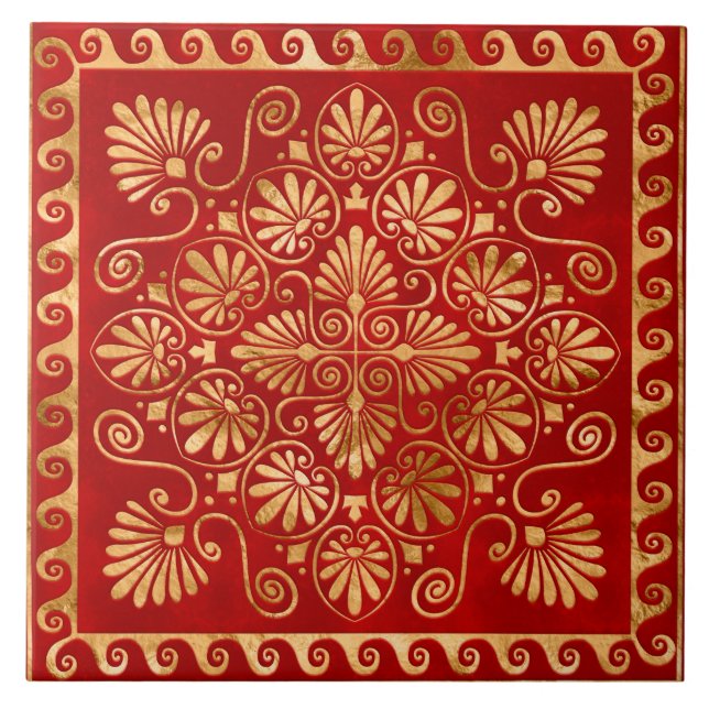 Greek Meander - Greek Ornament - Gold on Red Ceramic Tile (Front)