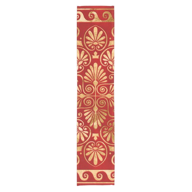 Greek Meander - Greek Ornament - Gold on Red Short Table Runner (Front)