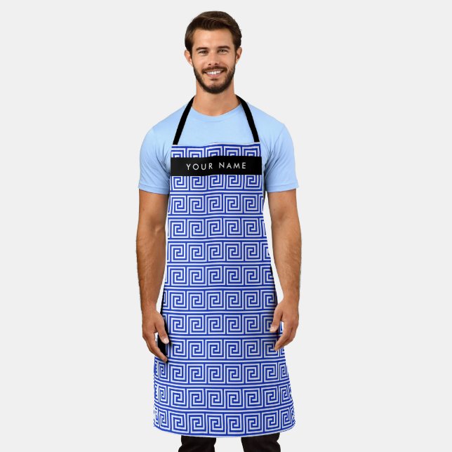 Greek Meander Key Blue, Your Name, Personalize Apron (Worn)