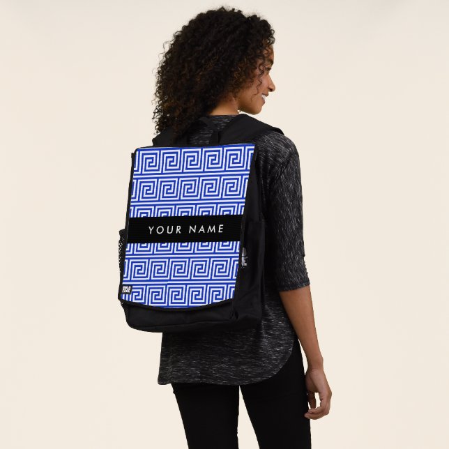 Greek Meander Key Blue, Your Name, Personalize Backpack (Worn)