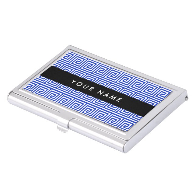 Greek Meander Key Blue, Your Name, Personalize Business Card Case (Front)