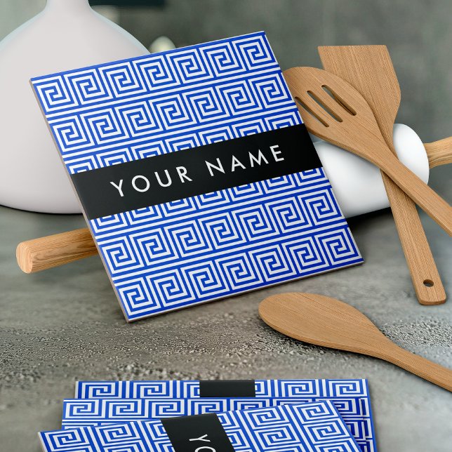 Greek Meander Key Blue, Your Name, Personalize Ceramic Tile (Creator Uploaded)