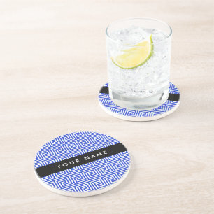 Greek Meander Key Blue, Your Name, Personalize Coaster