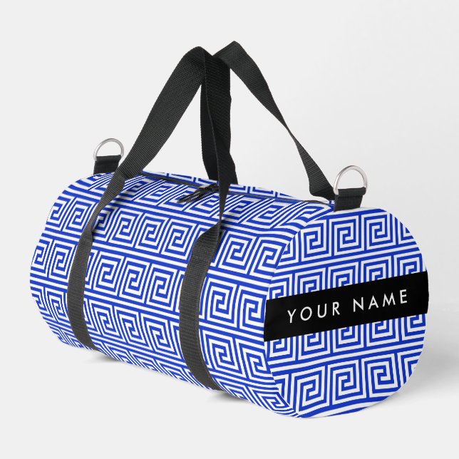 Greek Meander Key Blue, Your Name, Personalize Duffle Bag (Left Corner)