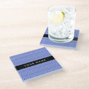 Greek Meander Key Blue, Your Name, Personalize Glass Coaster