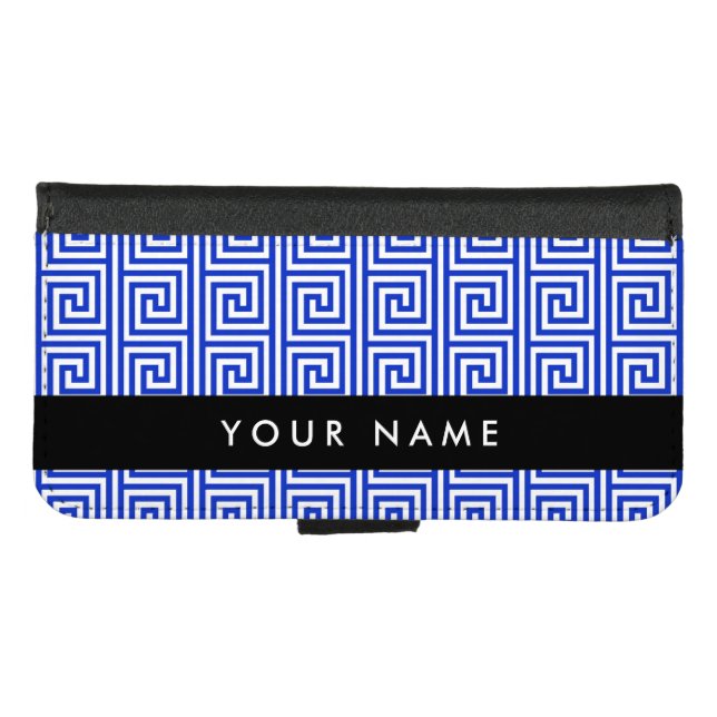Greek Meander Key Blue, Your Name, Personalize iPhone Wallet Case (Front (Horizontal))