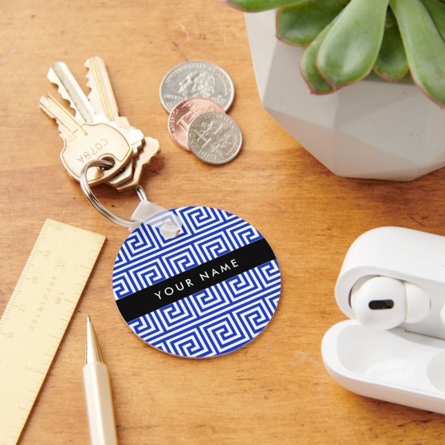 Greek Meander Key Blue, Your Name, Personalize Keychain (Desk)