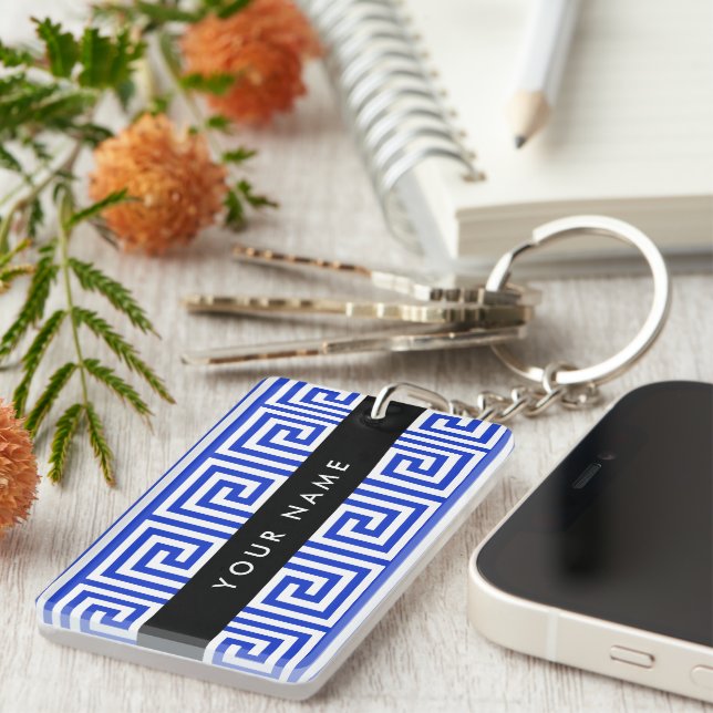 Greek Meander Key Blue, Your Name, Personalize Keychain (Front Right)
