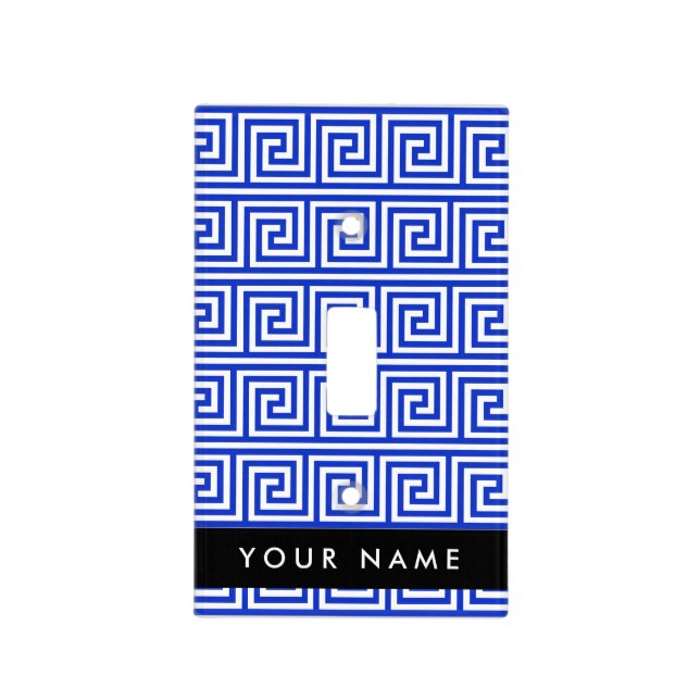 Greek Meander Key Blue, Your Name, Personalize Light Switch Cover (Front)
