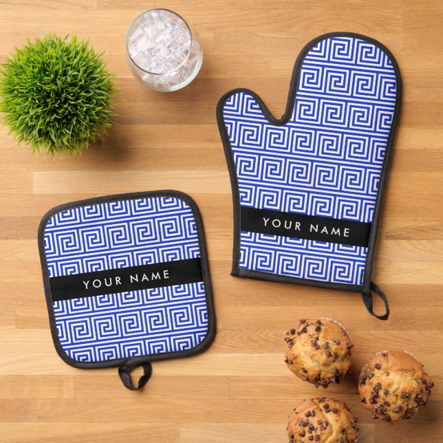 Greek Meander Key Blue, Your Name, Personalize Oven Mitt & Pot Holder Set (Top Down)