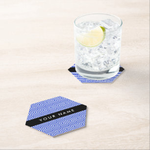 Greek Meander Key Blue, Your Name, Personalize Paper Coaster