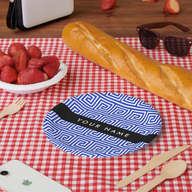 Greek Meander Key Blue, Your Name, Personalize Paper Plates (Picnic)
