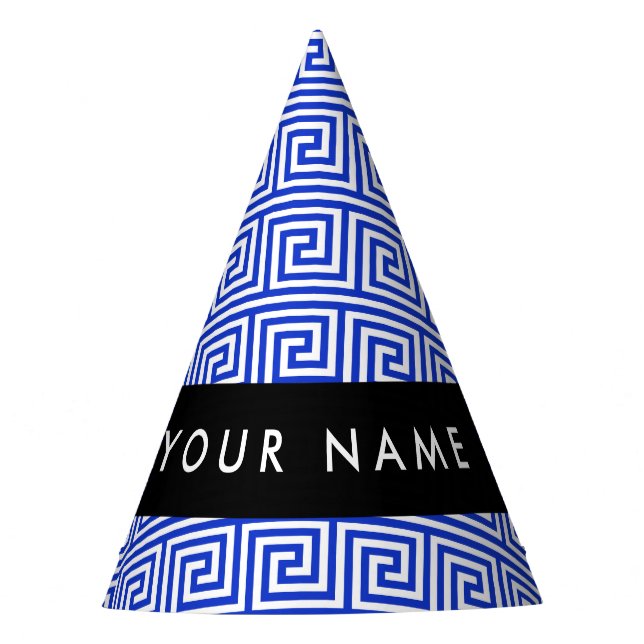 Greek Meander Key Blue, Your Name, Personalize Party Hat (Front)