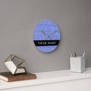 Greek Meander Key Blue, Your Name, Personalize Round Clock
