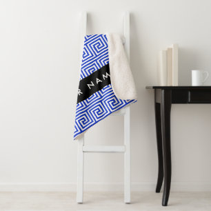Greek Meander Key Blue, Your Name, Personalize Sherpa Blanket