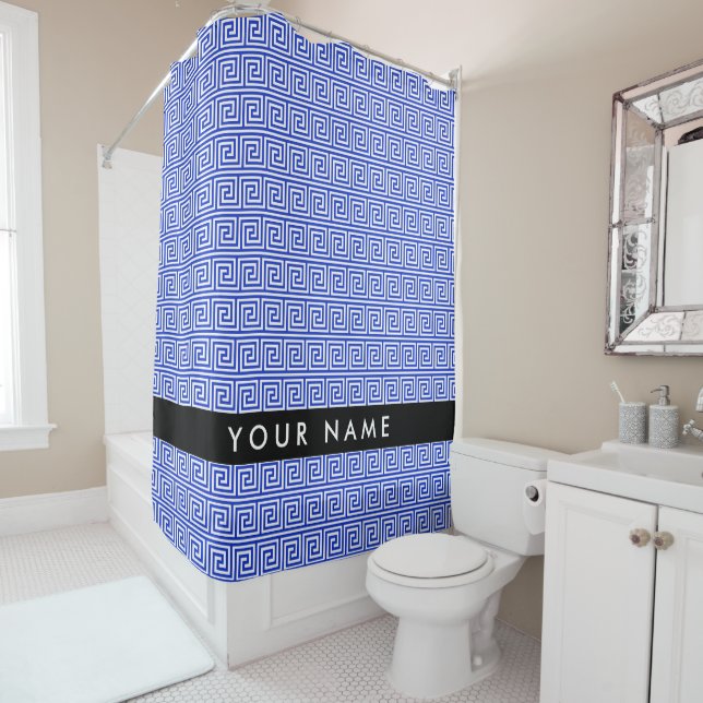 Greek Meander Key Blue, Your Name, Personalize Shower Curtain (In Situ)