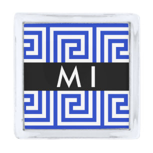 Greek Meander Key Blue, Your Name, Personalize Silver Finish Lapel Pin